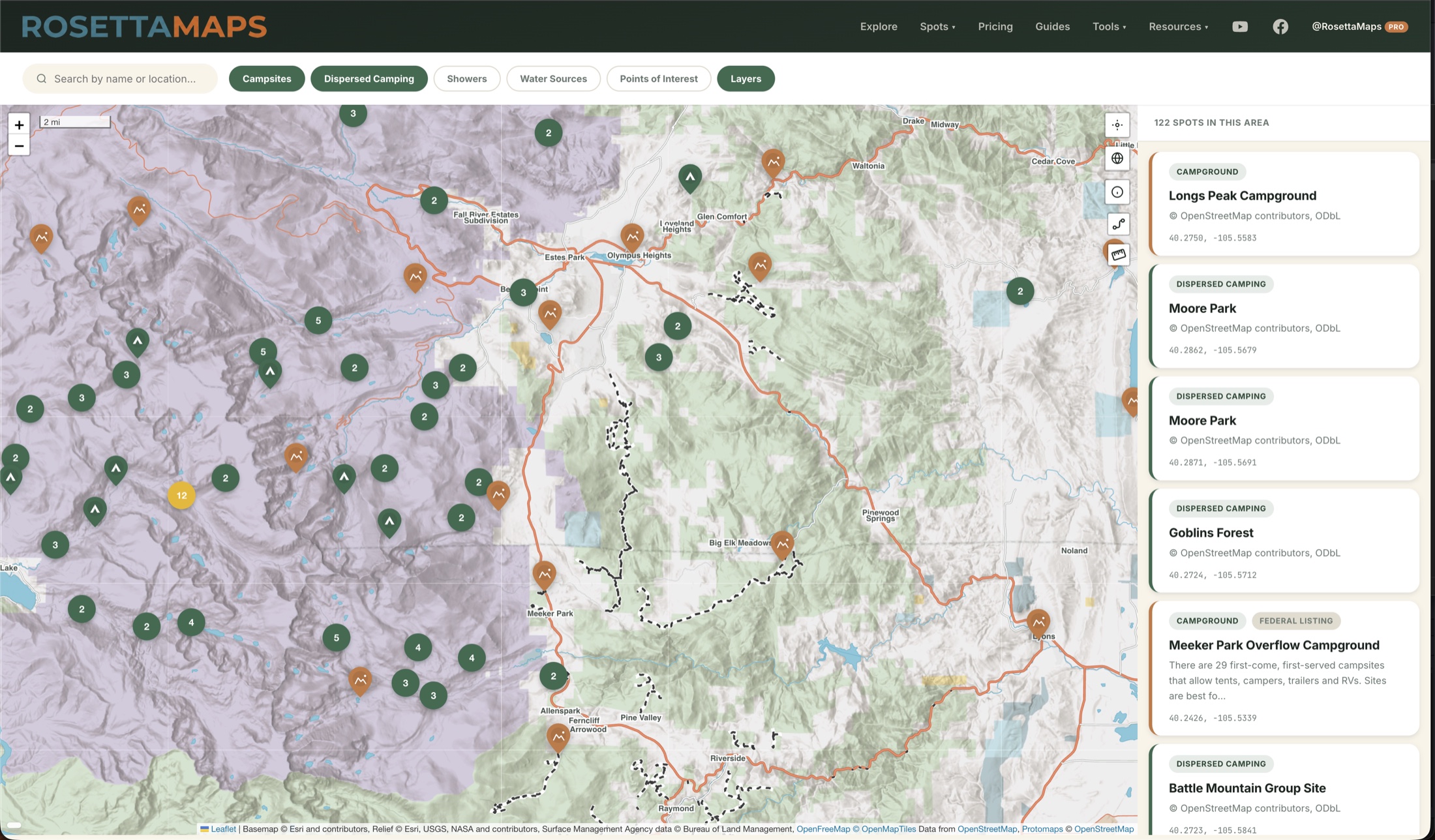 RosettaMaps terrain map with camping locations and nearby spot listings.