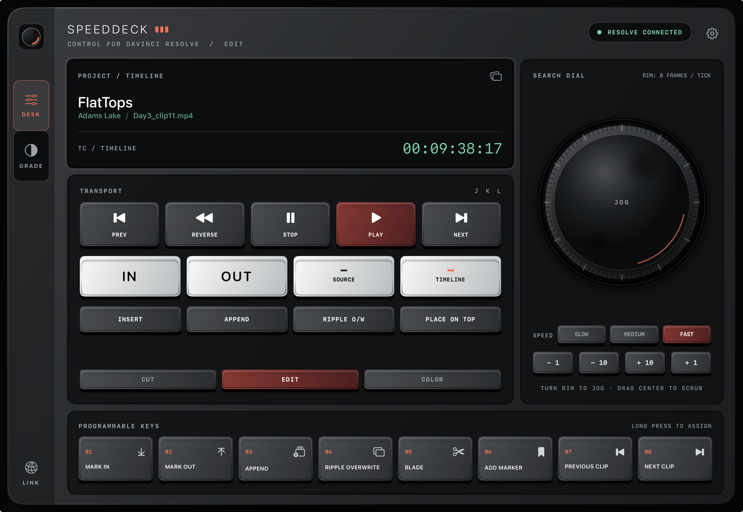 SpeedDeck edit interface with transport controls, a jog dial, and programmable keys.