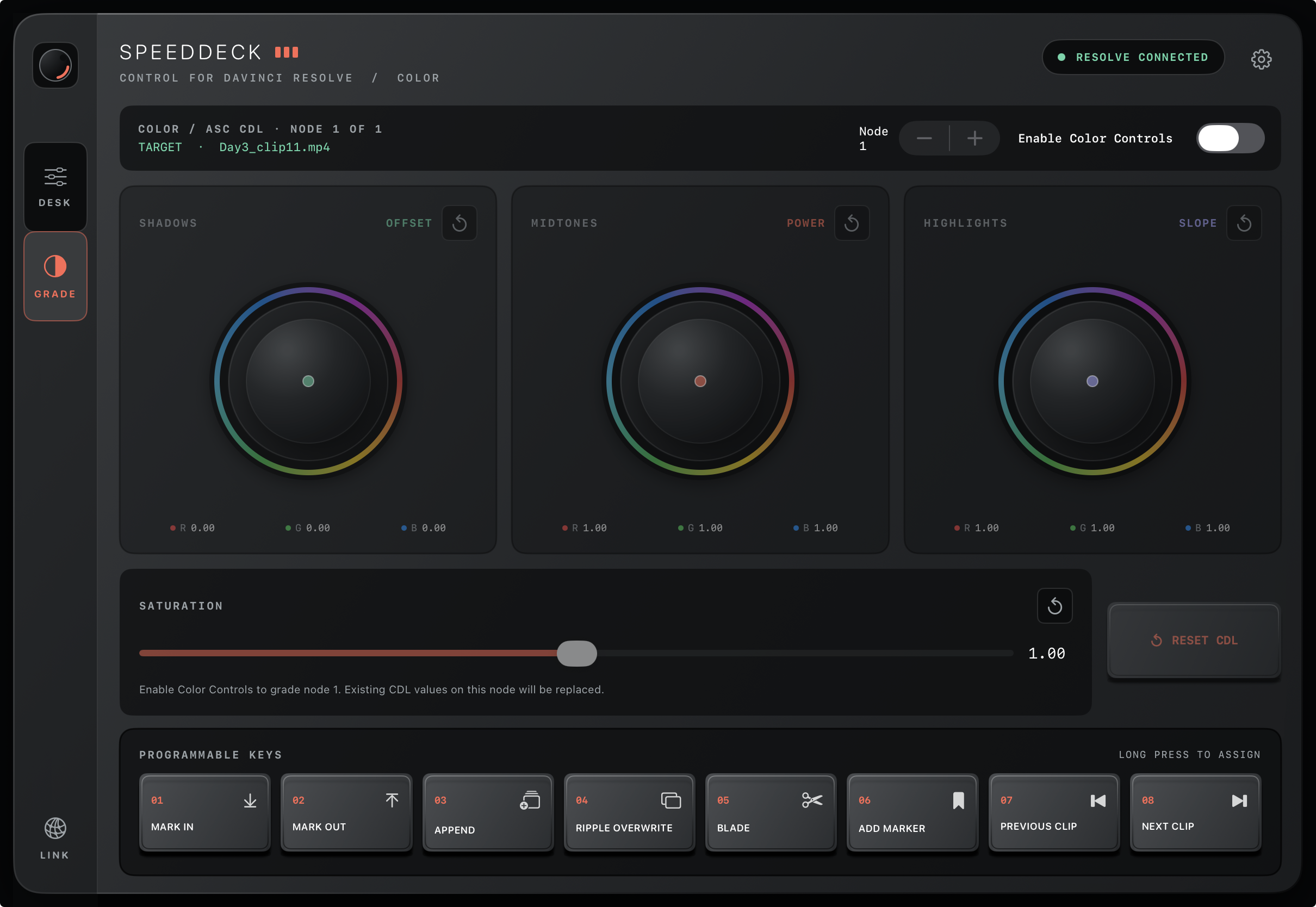 SpeedDeck color grading interface with three color wheels and saturation controls.